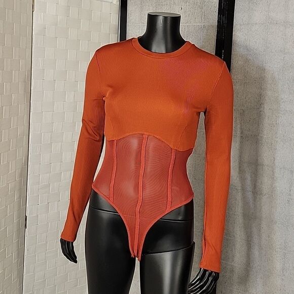 BRAND NEW LONG SLEEVES MESH INSERT HIGH NECK SOLID SHEER THONG SNAP BODYSUIT - Picture 4 of 16